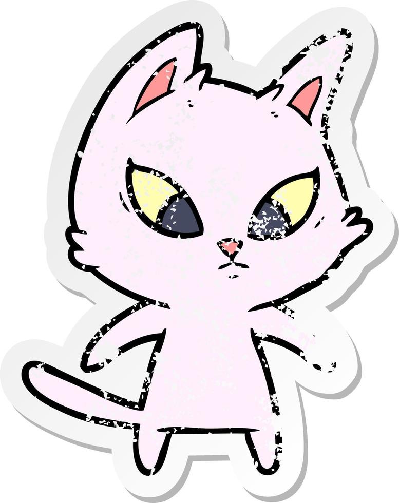 distressed sticker of a confused cartoon cat vector