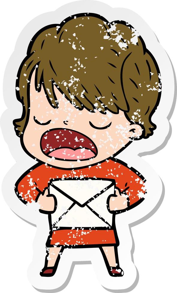 distressed sticker of a cartoon woman talking vector