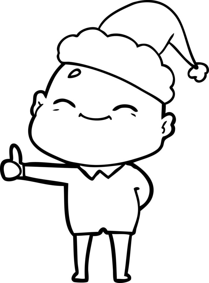 happy line drawing of a bald man wearing santa hat vector