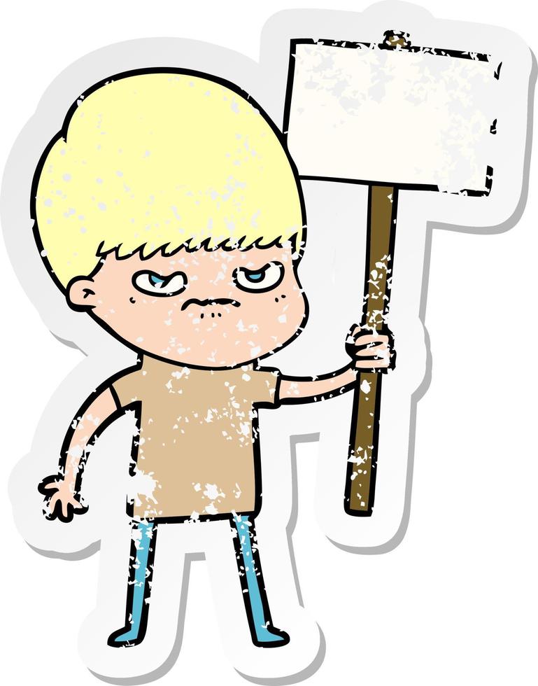 distressed sticker of a angry cartoon boy protesting vector