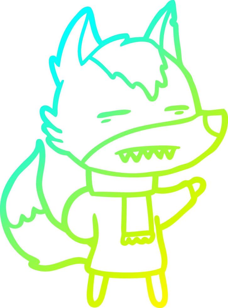 cold gradient line drawing cartoon wolf in winter clothes vector