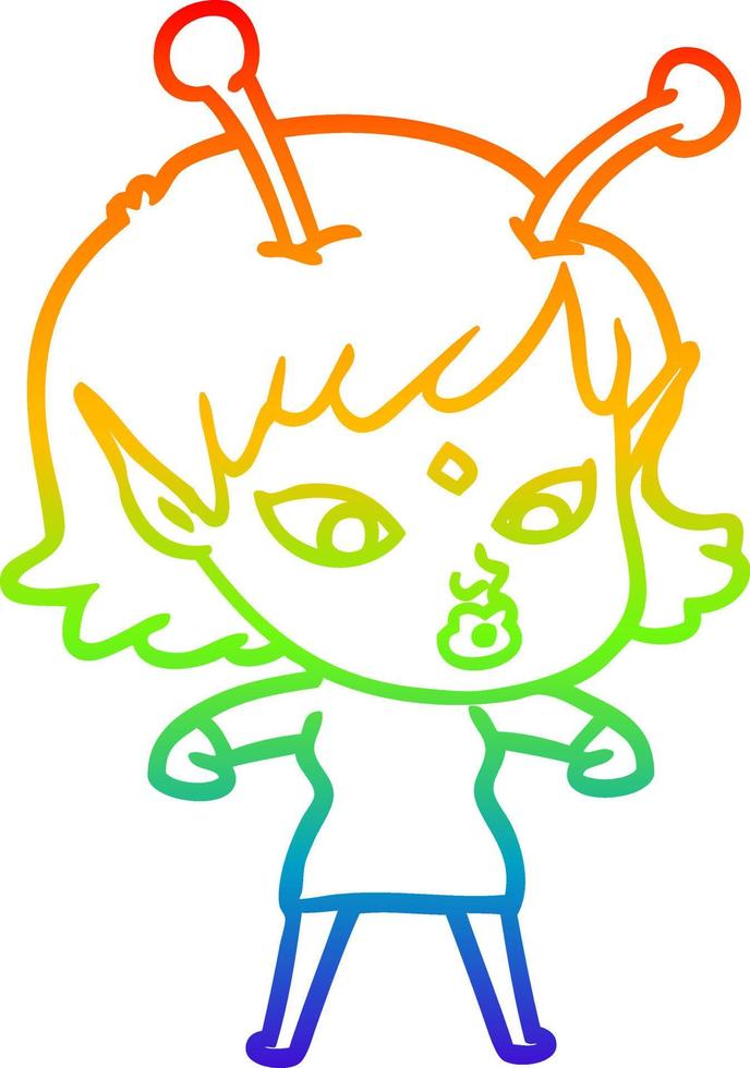 rainbow gradient line drawing pretty cartoon alien girl vector