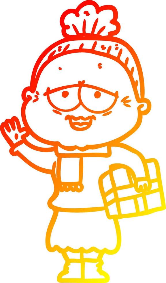 warm gradient line drawing cartoon happy old lady vector