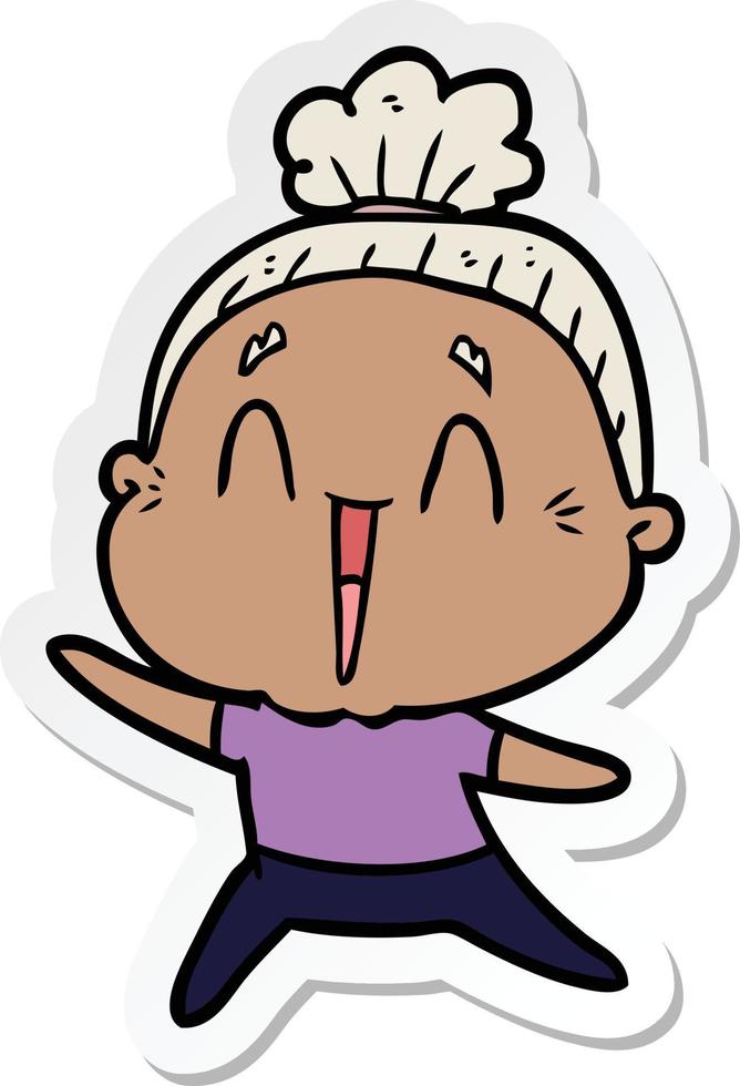 sticker of a cartoon happy old lady vector