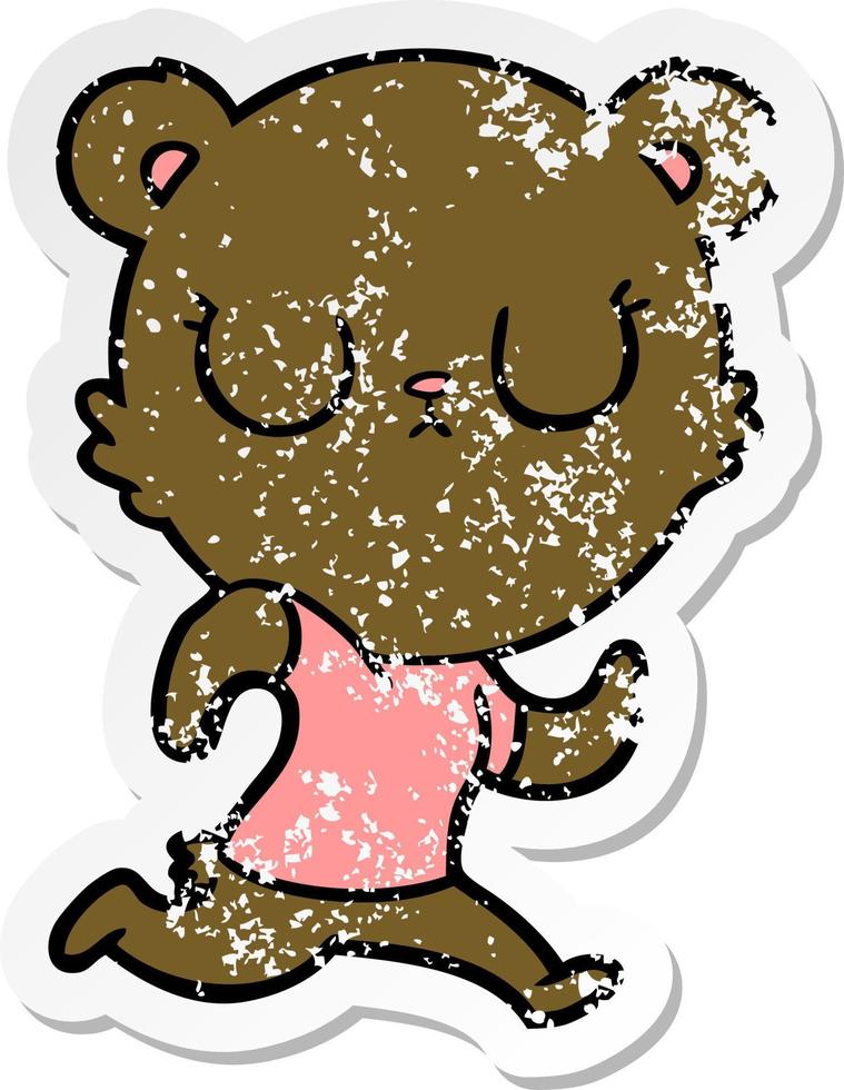 distressed sticker of a peaceful cartoon bear running vector