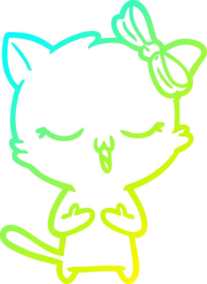 cold gradient line drawing cartoon cat with bow on head vector