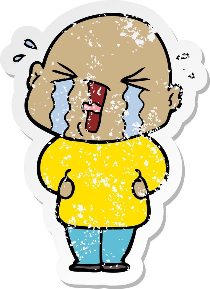 distressed sticker of a cartoon crying bald man vector