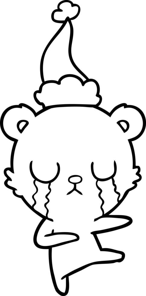 crying polar bear line drawing of a wearing santa hat vector