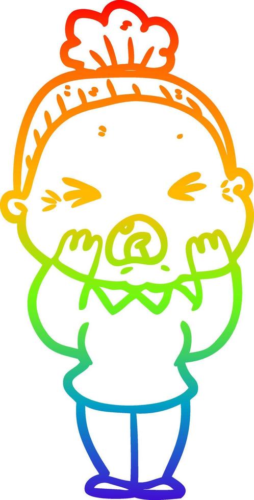 rainbow gradient line drawing cartoon angry old woman vector