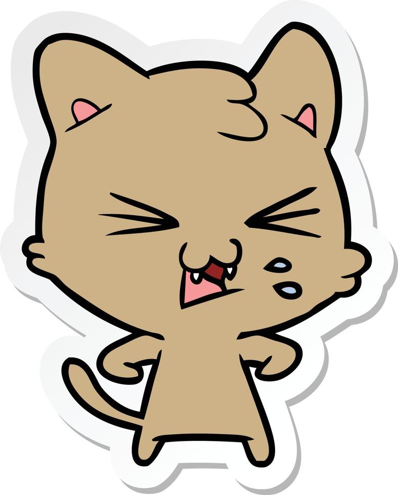 sticker of a cartoon hissing cat vector