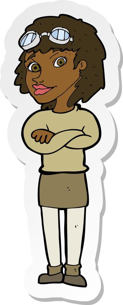 sticker of a cartoon woman with crossed arms and safety goggles vector