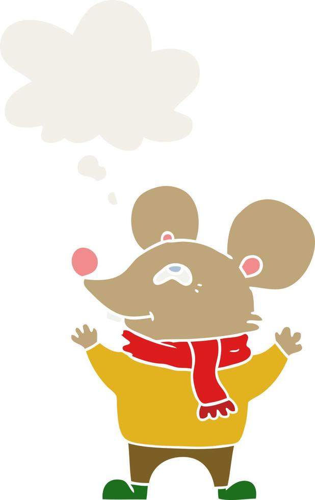 cartoon mouse wearing scarf and thought bubble in retro style vector