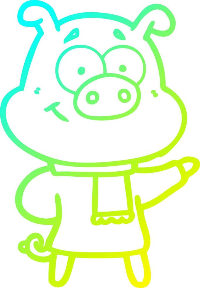 cold gradient line drawing happy cartoon pig wearing cold clothes vector