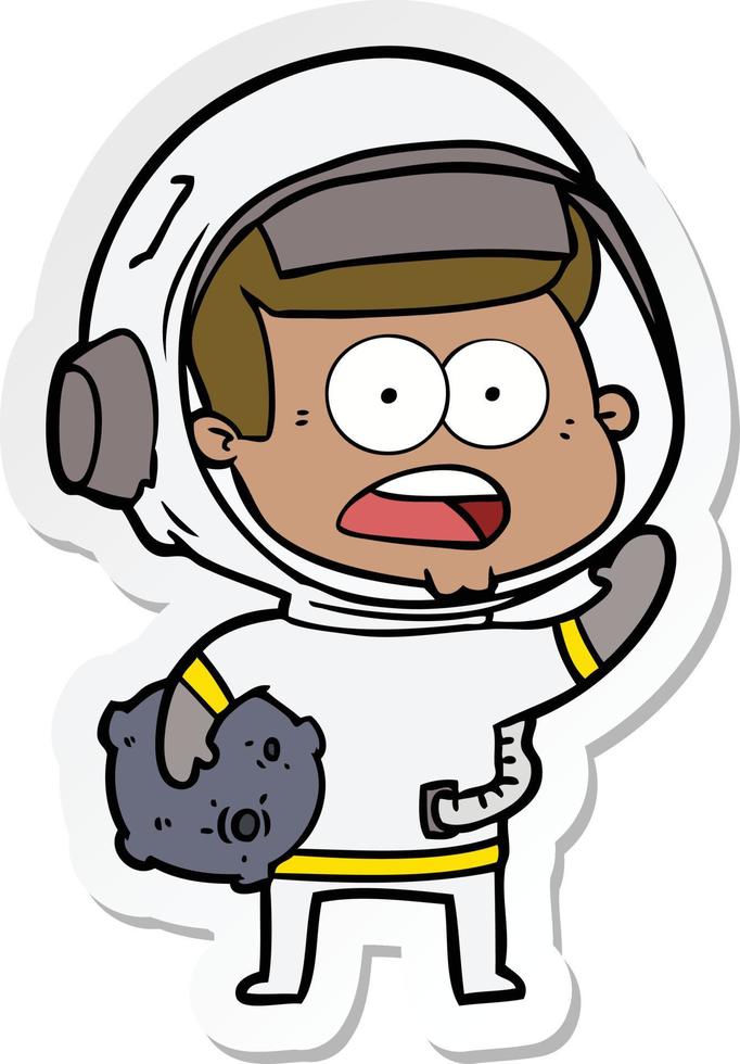 sticker of a cartoon surprised astronaut holding moon rock vector