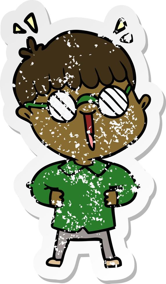 distressed sticker of a cartoon boy wearing spectacles vector