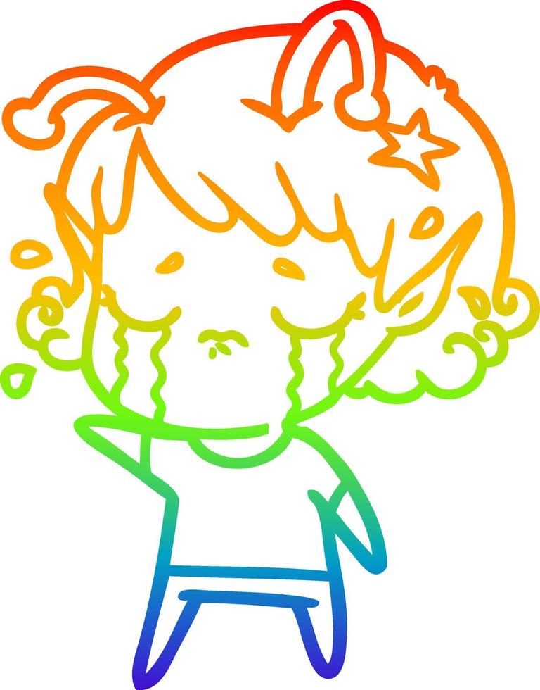 rainbow gradient line drawing cartoon crying alien girl vector