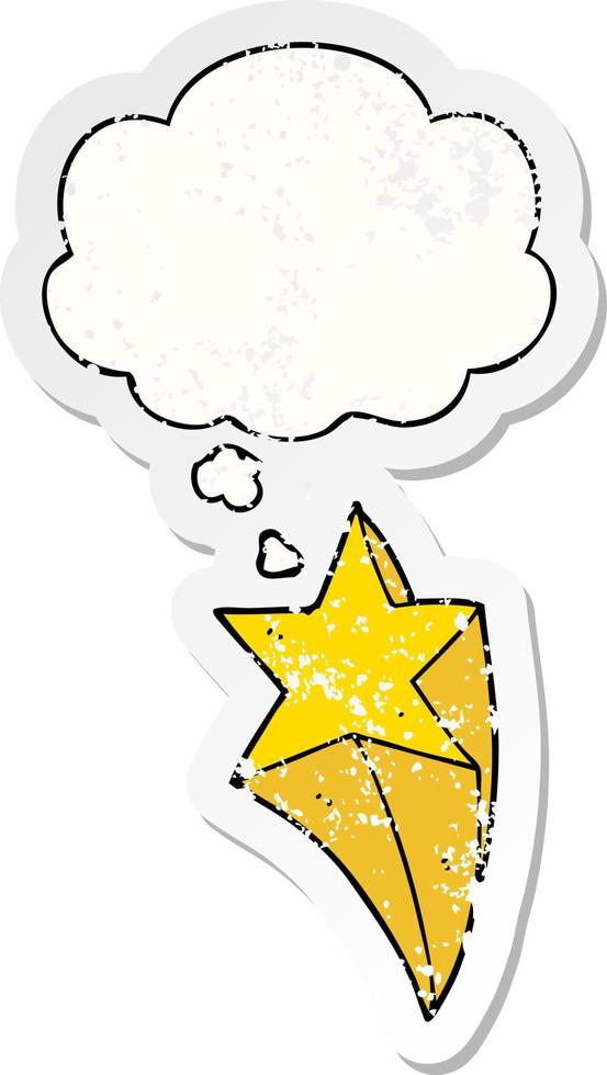 cartoon shooting star and thought bubble as a distressed worn sticker vector