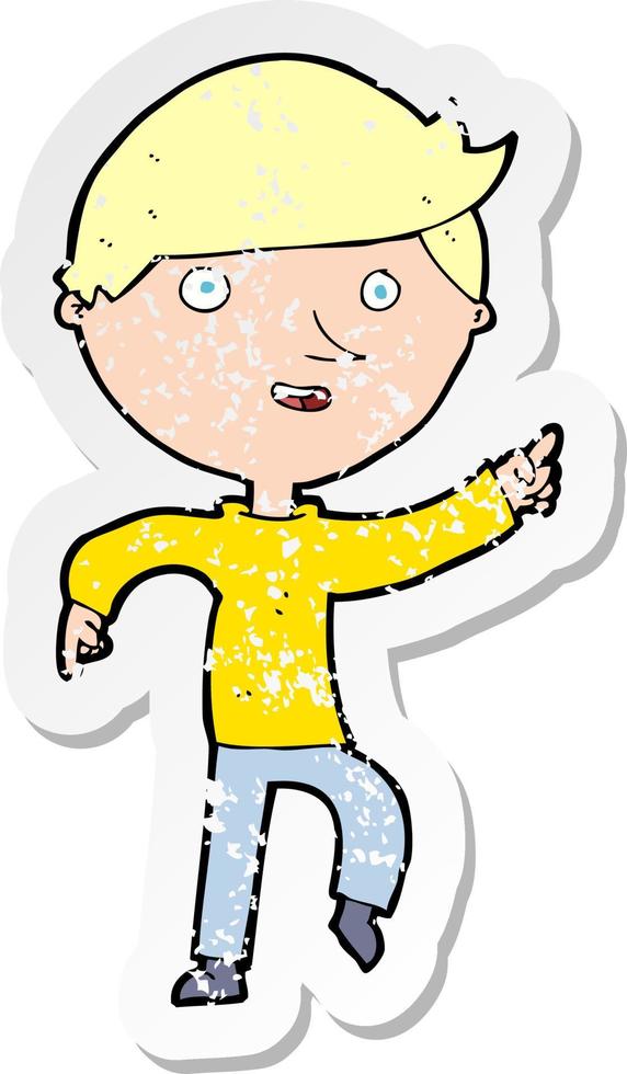 retro distressed sticker of a cartoon happy pointing vector