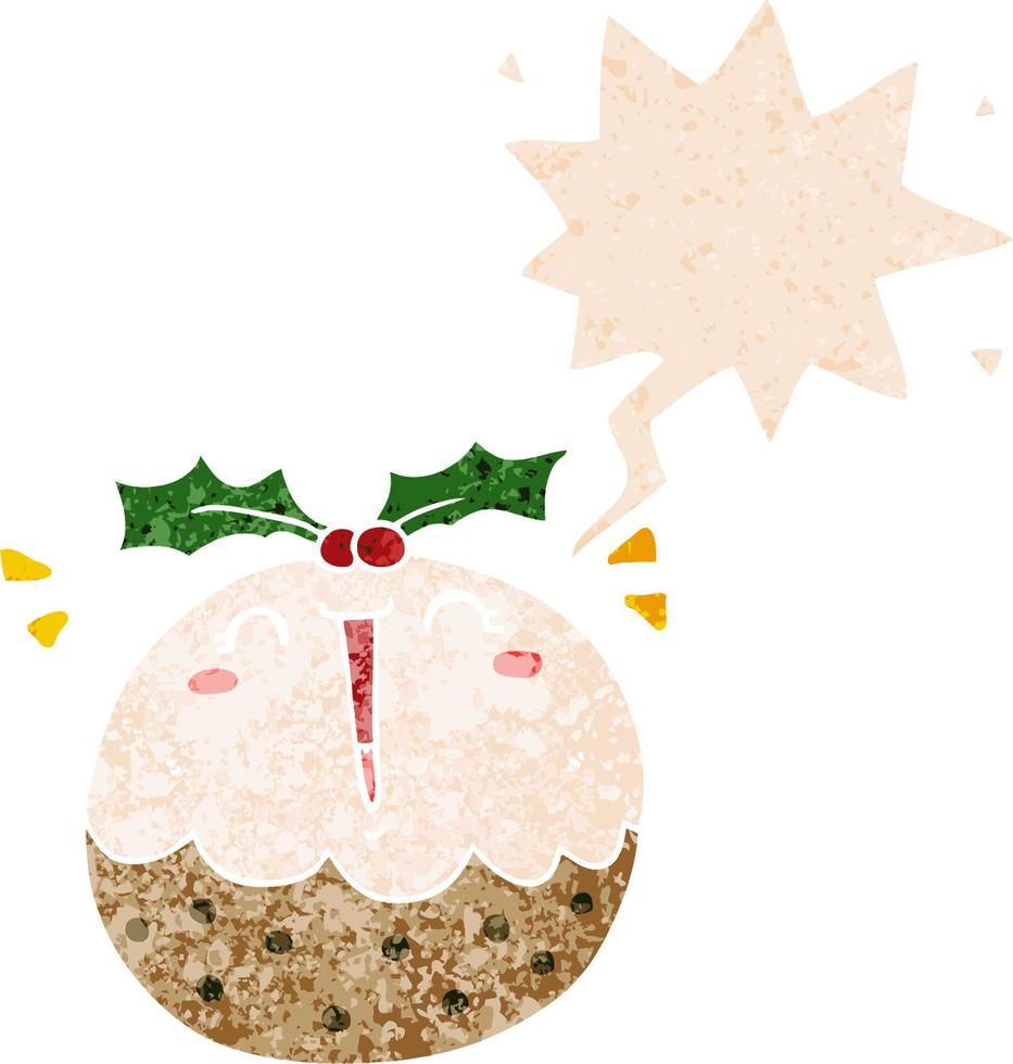 cute cartoon christmas pudding and speech bubble in retro textured style vector