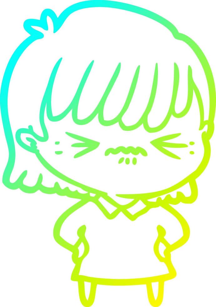 cold gradient line drawing annoyed cartoon girl vector