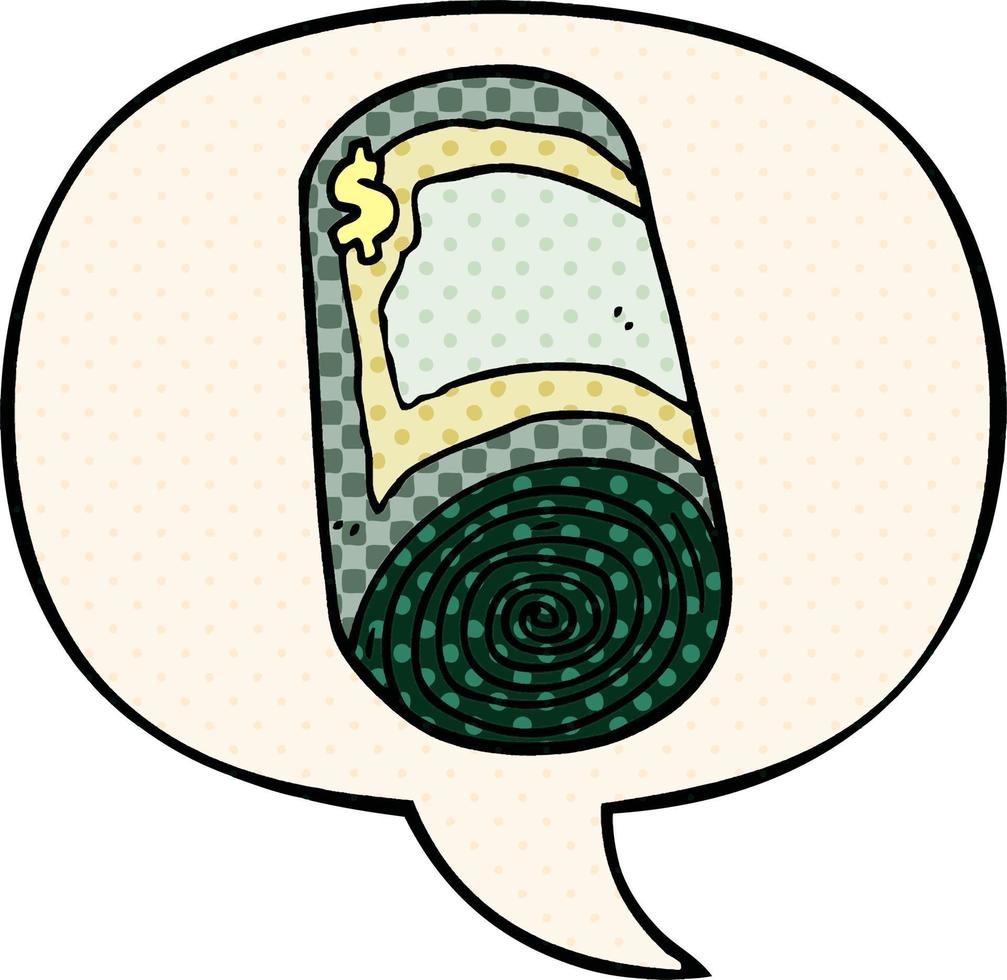 cartoon roll of money and speech bubble in comic book style vector