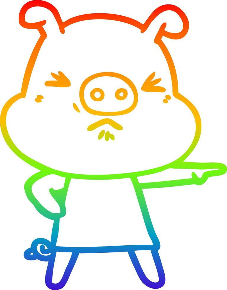 rainbow gradient line drawing cartoon angry pig vector