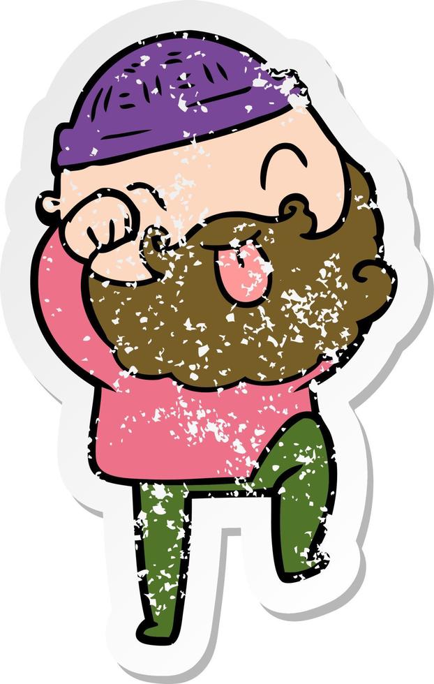 distressed sticker of a man with beard sticking out tongue vector