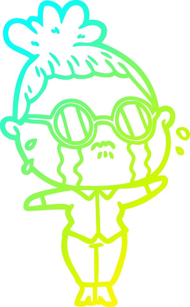 cold gradient line drawing cartoon crying woman wearing spectacles vector