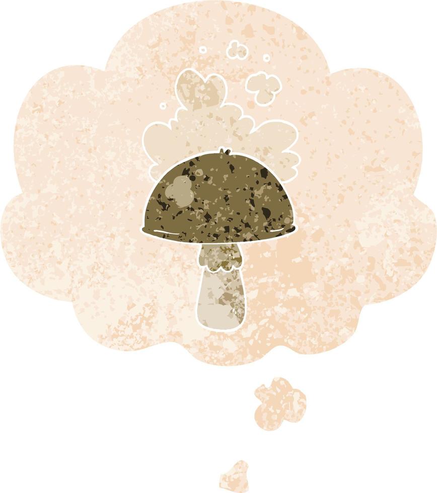 cartoon mushroom with spore cloud and thought bubble in retro textured style vector