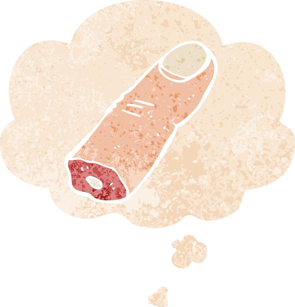 cartoon severed finger and thought bubble in retro textured style vector