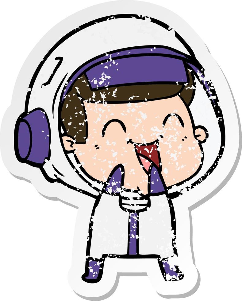distressed sticker of a happy cartoon astronaut vector