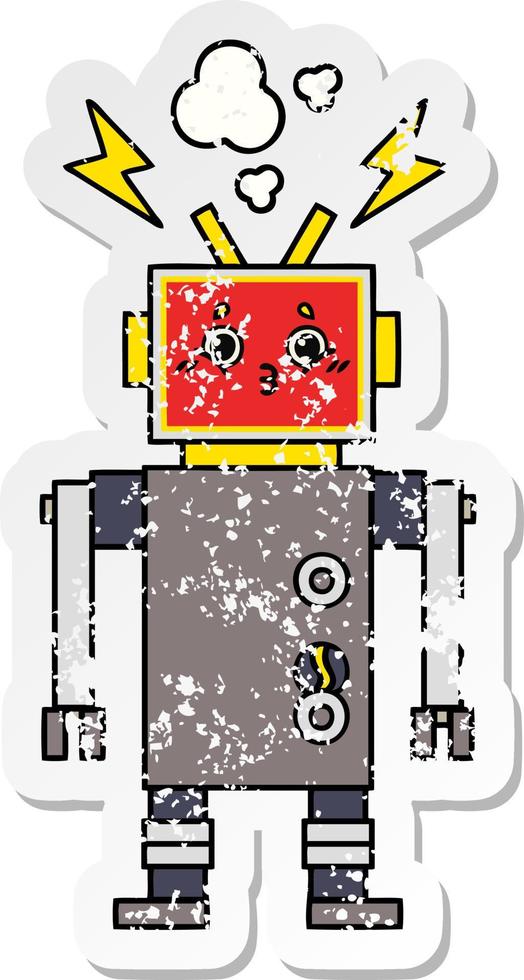 distressed sticker of a cute cartoon robot malfunction vector