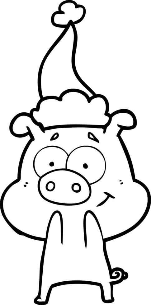 happy line drawing of a pig wearing santa hat vector