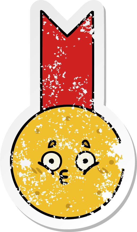 distressed sticker of a cute cartoon gold medal vector