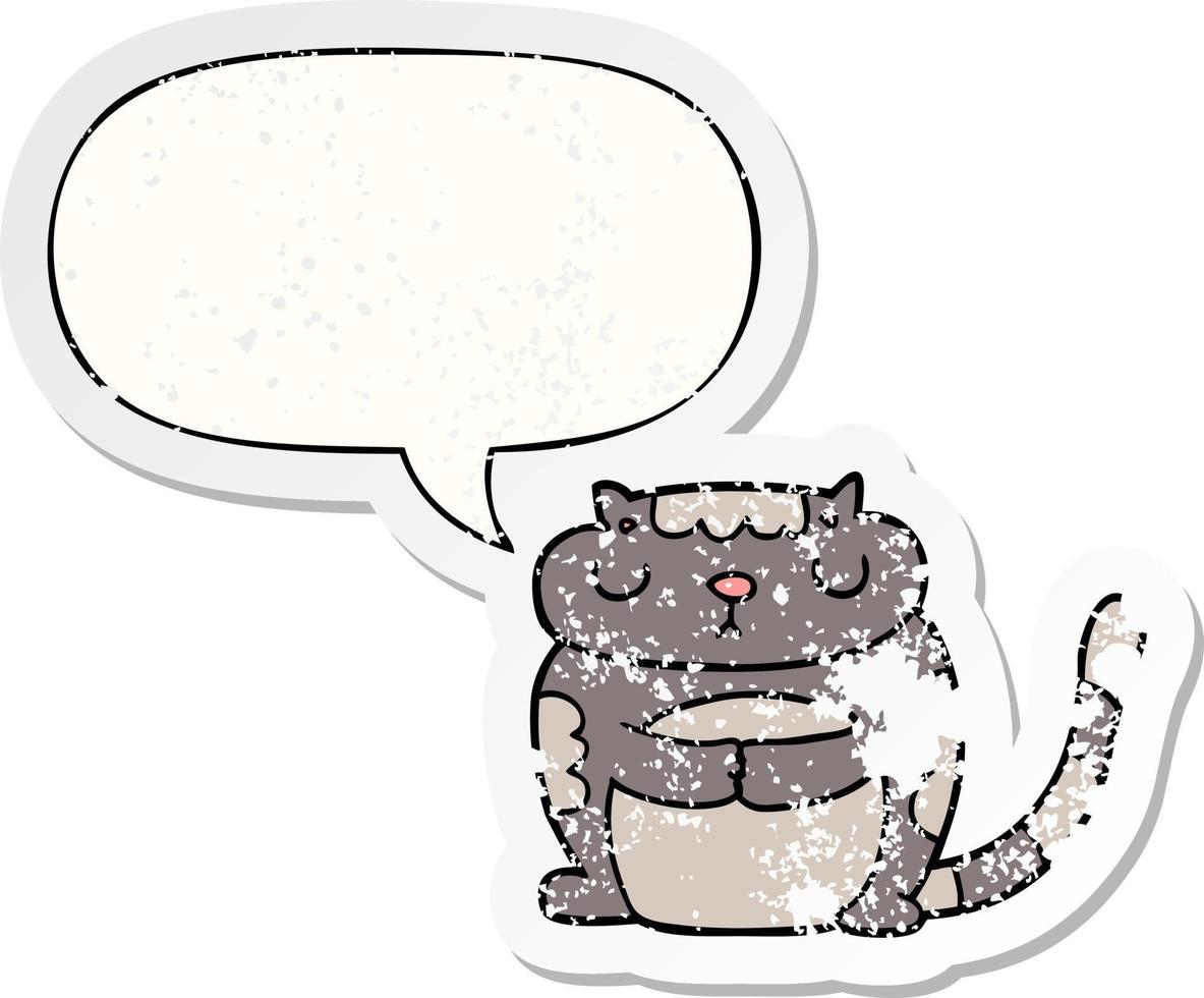 lindo gato de dibujos animados y etiqueta engomada angustiada de la burbuja del discurso vector
