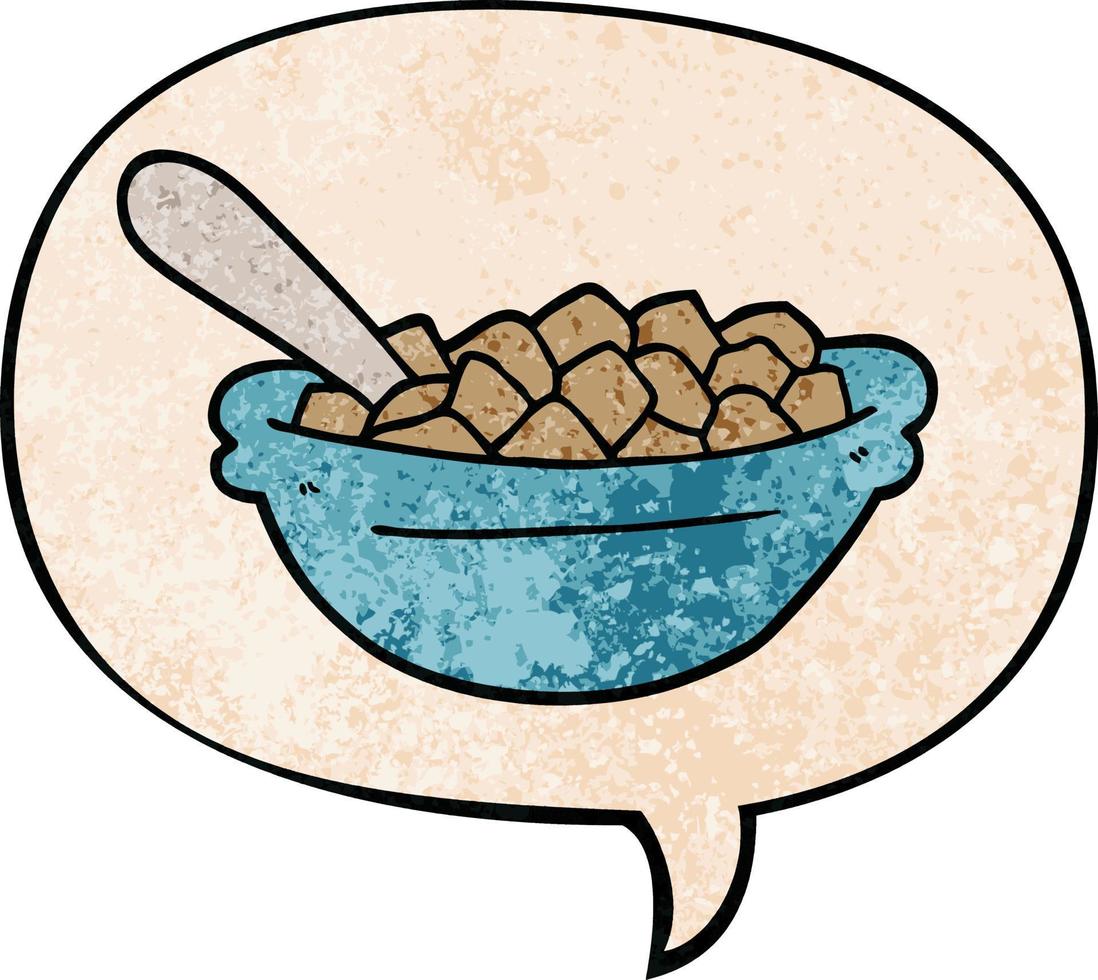 tazón de cereal de dibujos animados y burbuja de habla en estilo de textura retro vector