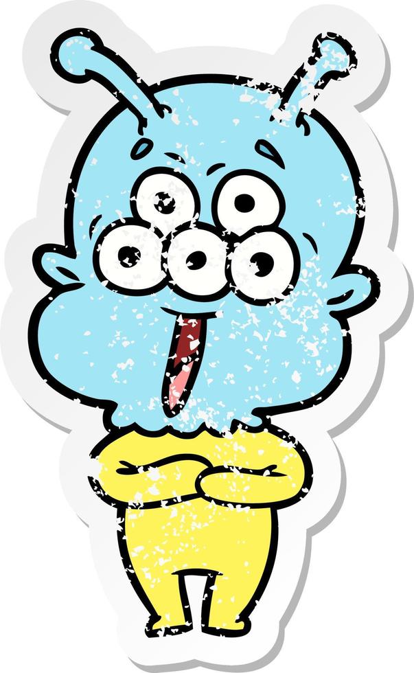 distressed sticker of a happy cartoon alien vector