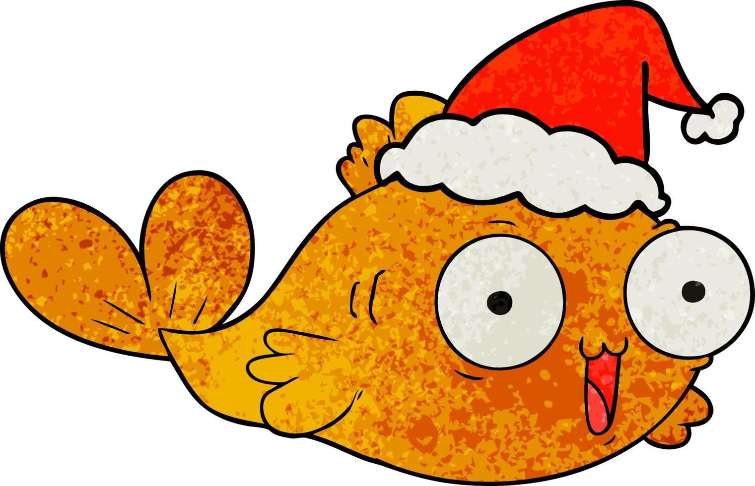 happy goldfish textured cartoon of a wearing santa hat vector