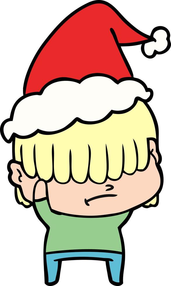 line drawing of a boy with untidy hair wearing santa hat vector