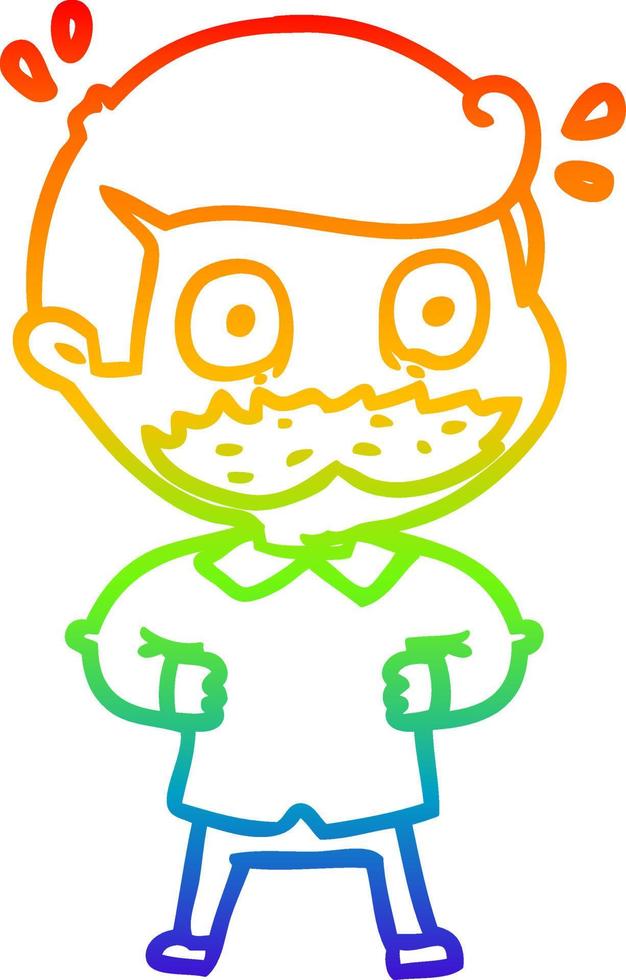 rainbow gradient line drawing cartoon man with mustache shocked vector