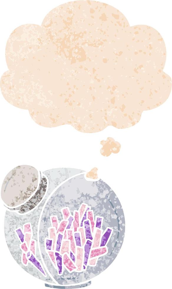 caramelo de dibujos animados en tarro y burbuja de pensamiento en estilo retro texturizado vector