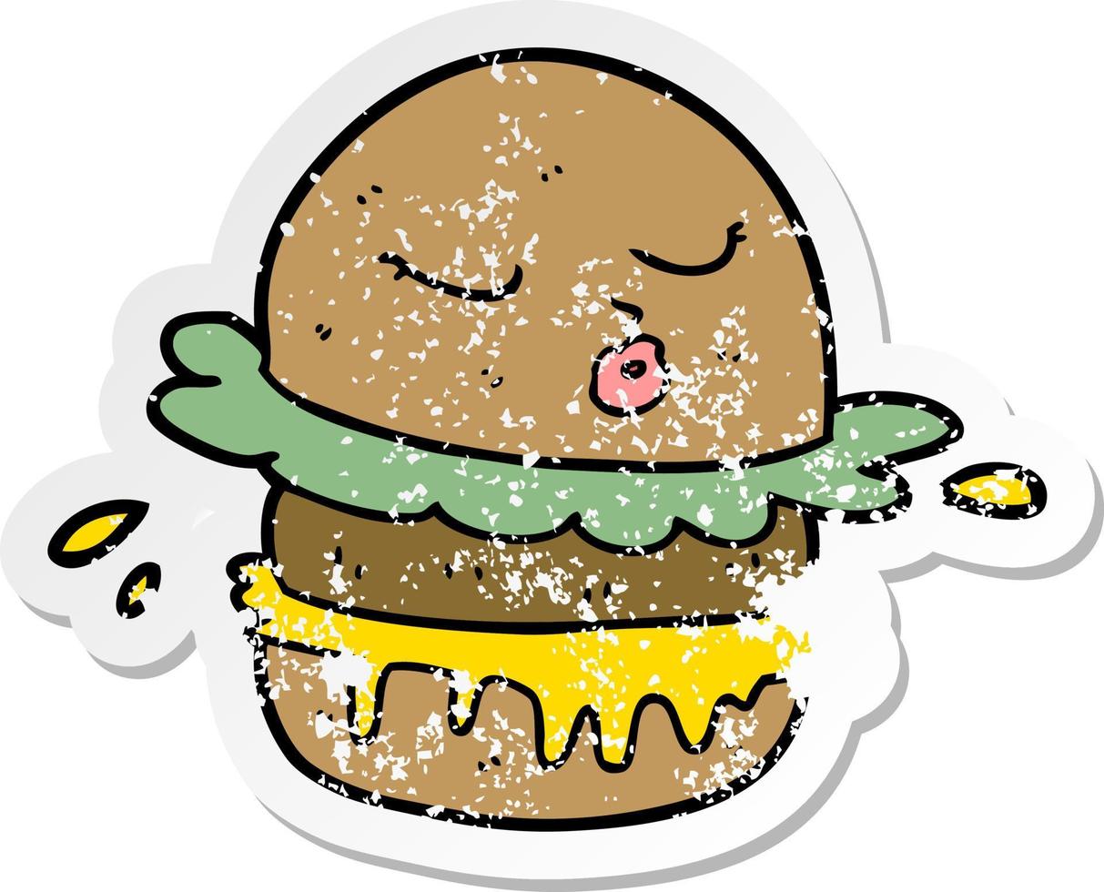 pegatina angustiada de una hamburguesa de comida rápida de dibujos animados vector