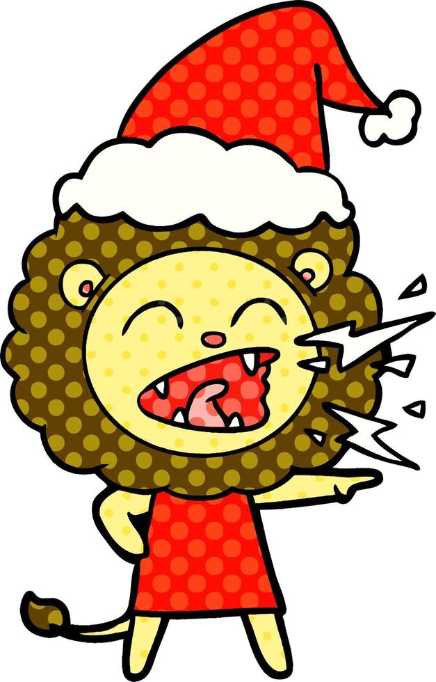 comic book style illustration of a roaring lion girl wearing santa hat vector