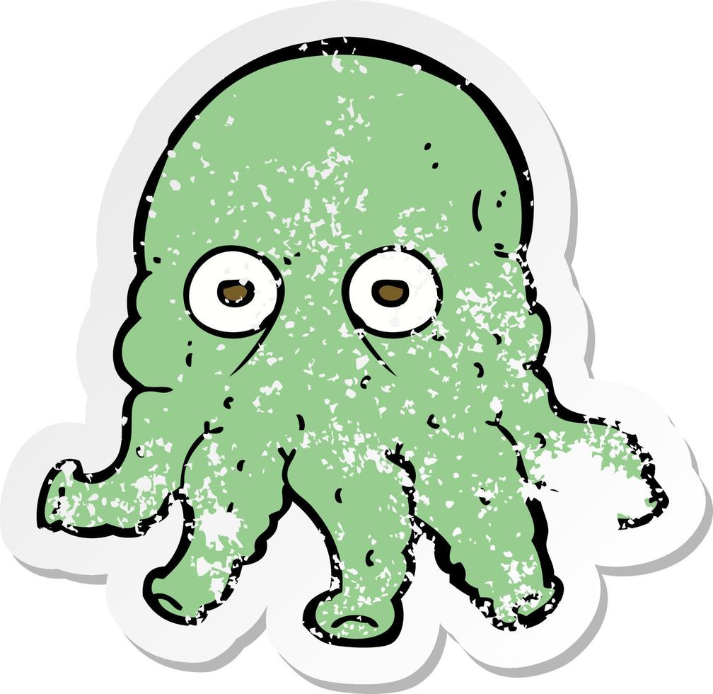 retro distressed sticker of a cartoon alien squid face vector