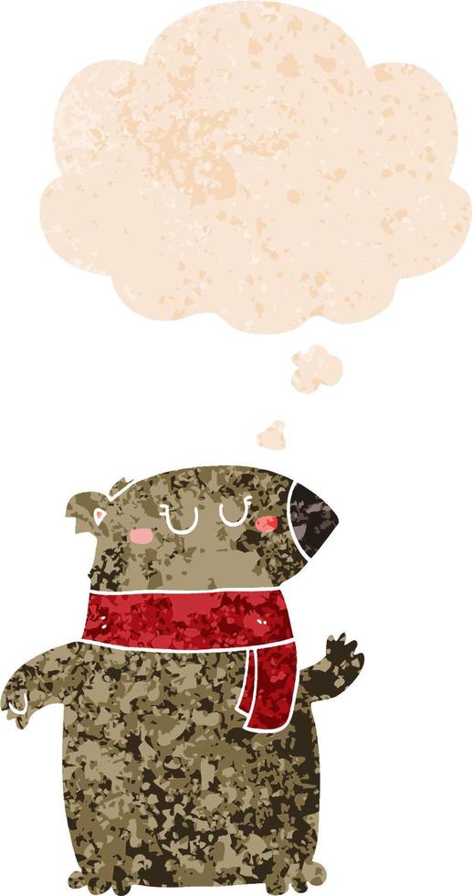 cartoon bear with scarf and thought bubble in retro textured style vector