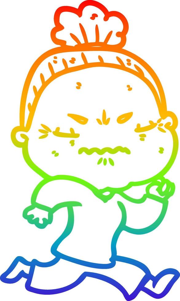 rainbow gradient line drawing cartoon annoyed old lady vector