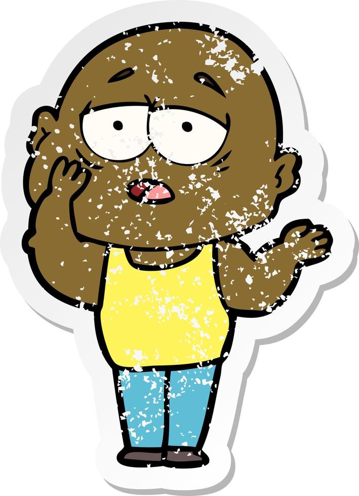 distressed sticker of a cartoon tired bald man vector