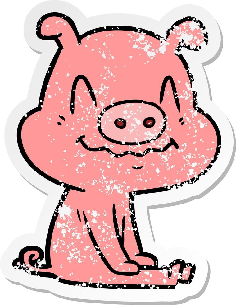 distressed sticker of a nervous cartoon pig sitting vector