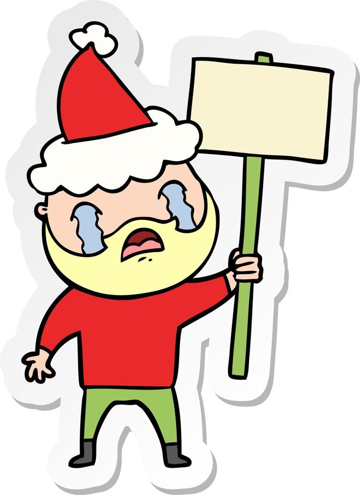 sticker cartoon of a bearded protester crying wearing santa hat vector