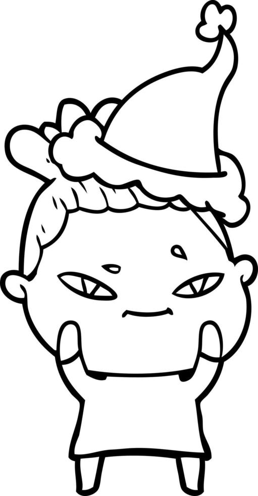 line drawing of a woman wearing santa hat vector